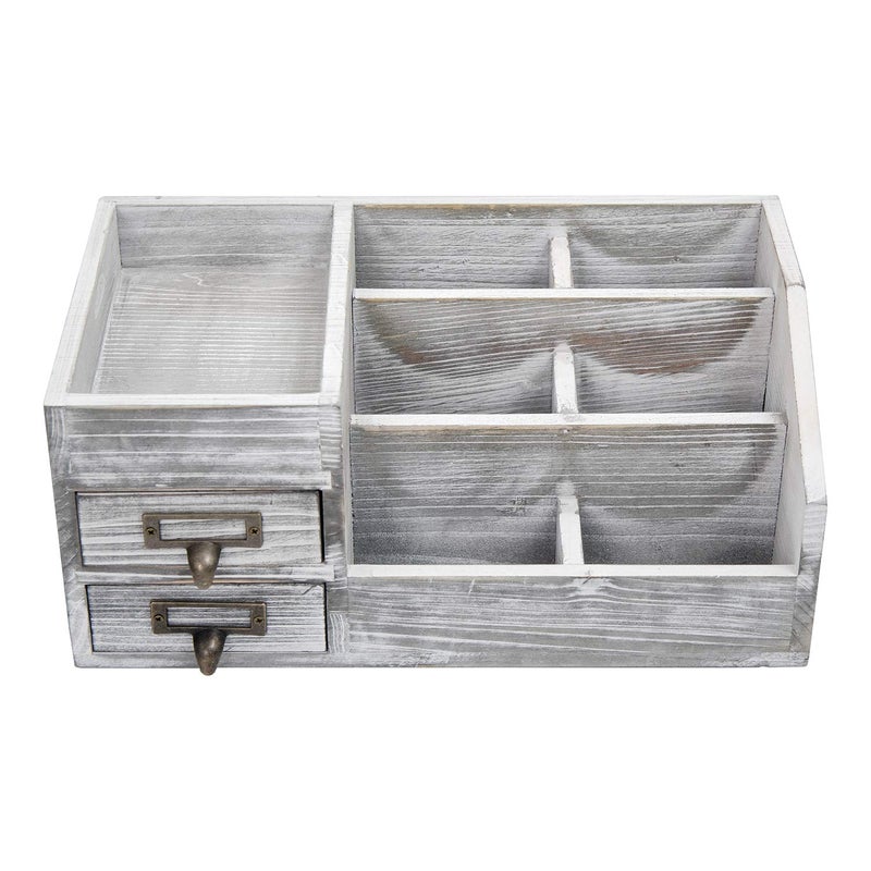 VERGOODR Distressed Rustic Wooden Office Desktop Organizer Wood Shelf Tabletop Home Organizer Storage with Multiple Compartments 2 Tier Drawers,perfect Jewelry storage Display Box for Desk, Vanity (gray) - Image 3